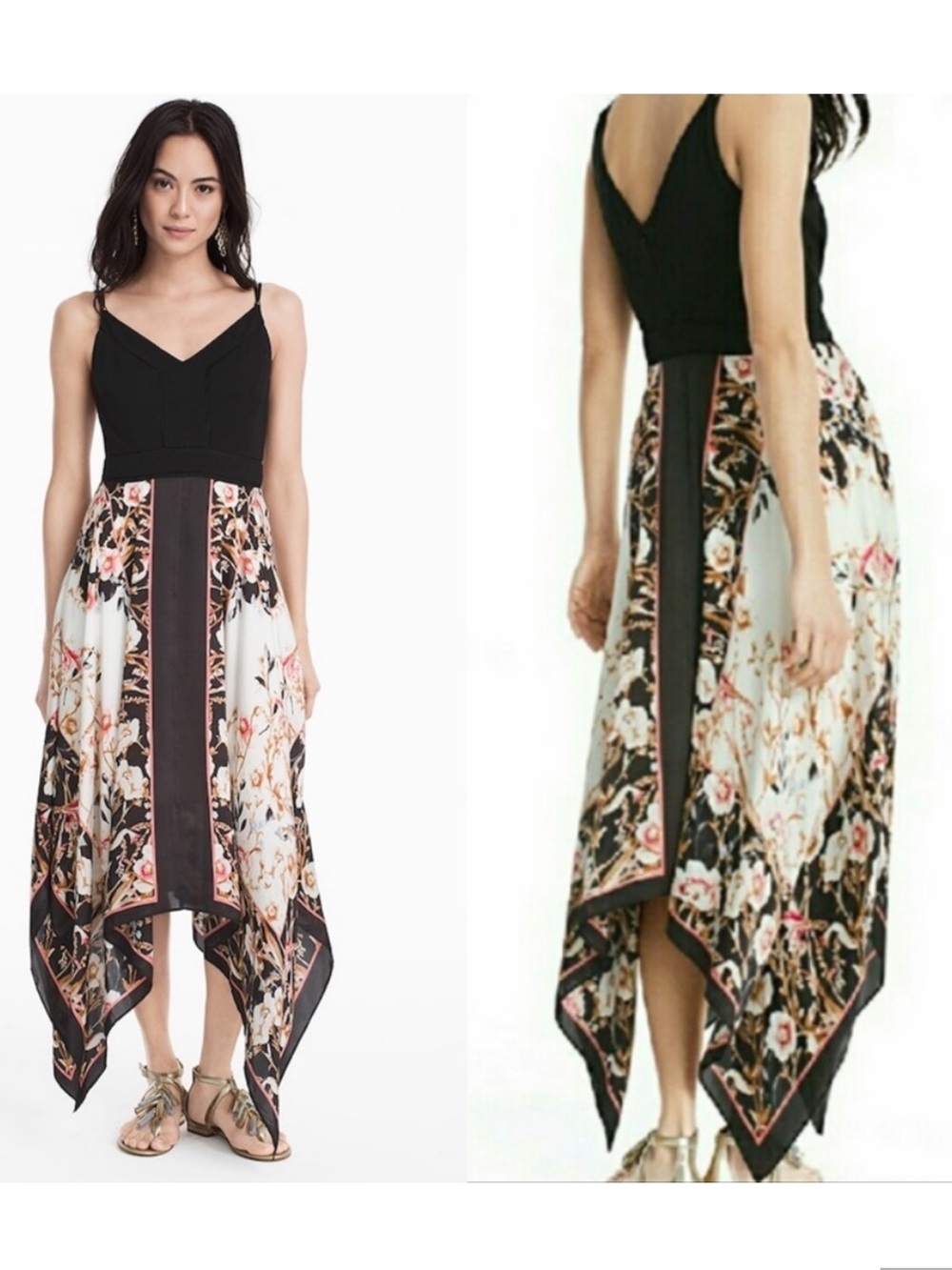 White House Black Market Black and Cream Floral Asymmetrical Handkerchief Dress